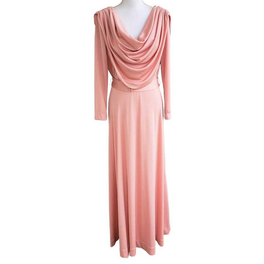 Vintage 70s Pale Pink Draping Long Sleeve Maxi Dress With Belt